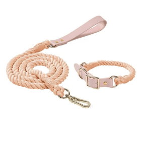 Luxe Royal Leather Rope Leash and Collar Set (Collar Size: M, Option: Coral)