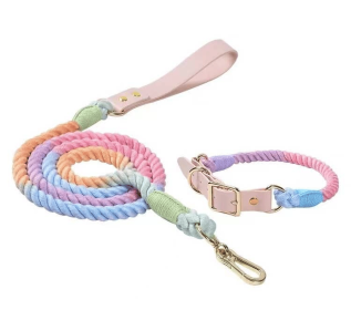 Luxe Royal Leather Rope Leash and Collar Set (Collar Size: M, Option: Macaron)