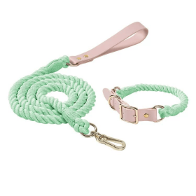 Luxe Royal Leather Rope Leash and Collar Set (Collar Size: S, Option: Mint Green)