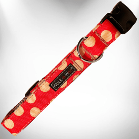 Polka Dot Dog - Tan Dots Collars (Color: Tan Dots on Red, size: L 1" width fits 14-25" neck)