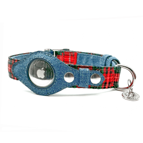 Apple Airtag Collar (Color: Red Plaid & Denim, size: medium)