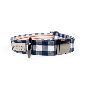 Buffalo Navy Check Plaid Oxford Buckle & Martingale Dog Collar (Style: Buckle, size: M (14-18"))